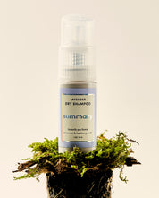 A bottle of dry shampoo powder with a lavender label, placed on a bed of moss.
