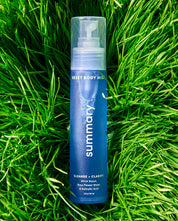 A bottle of 'RESET BODY MIST' by SUMMARY placed on a grassy surface.